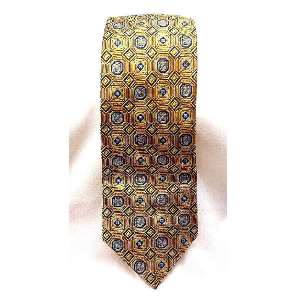 BRUNO PIATTELLI Roma Mens Classic‎ Gold & Blue 100% Silk Hand Made Tie Necktie